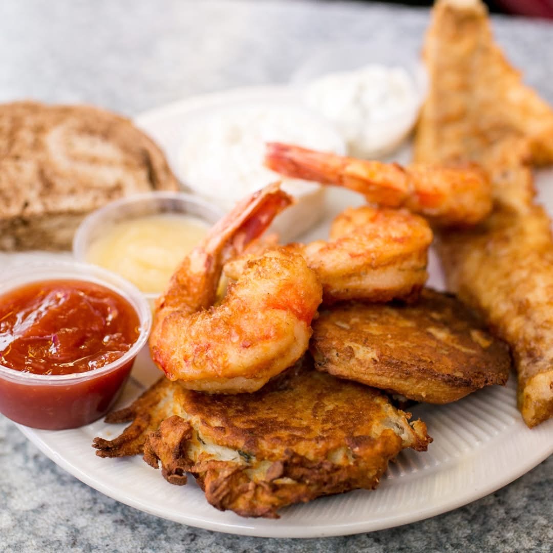Friday fish fry plate with shrimp and potato pancakes